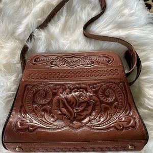 Vintage Leather Brown Mexican Hand Tooled Floral Design Purse by Mont-Abur